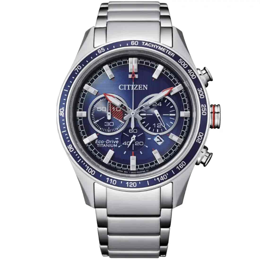 Reloj para caballero de la colección Sport Luxury de CITIZEN® con elegante diseño que contrasta la carátula y bisel azul con una caja y brazalete en Super Titanium™, 5 veces más duro y 40% más ligero que el acero inoxidable. Cuenta con funcionalidades pensadas para el hombre activo, como taquímetro, cronógrafo que mide hasta 60 segundos en unidades de 1/5 segundos, indicador 21/24 horas, fechador, tapa enroscable.