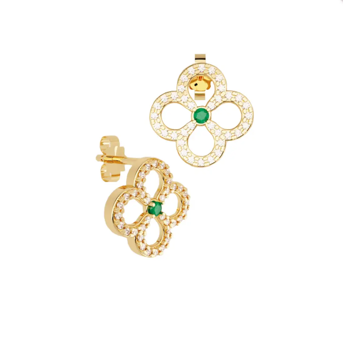 Aretes Trébol Oro Amarillo 14K Diamante-Esmeralda